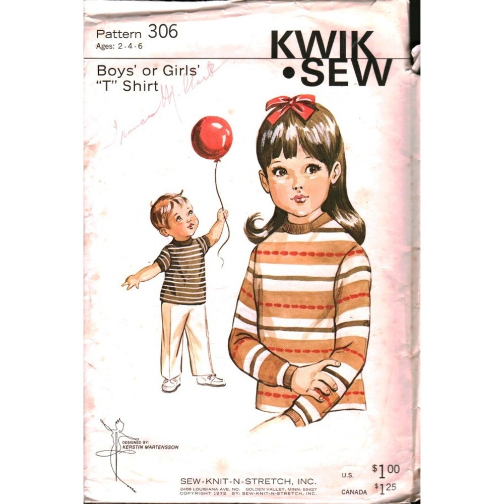 Vintage 1972 Kwik Sew 306‎ Boys Girls T-Shirt Sewing Pattern Kids Size 2 4 6 70s